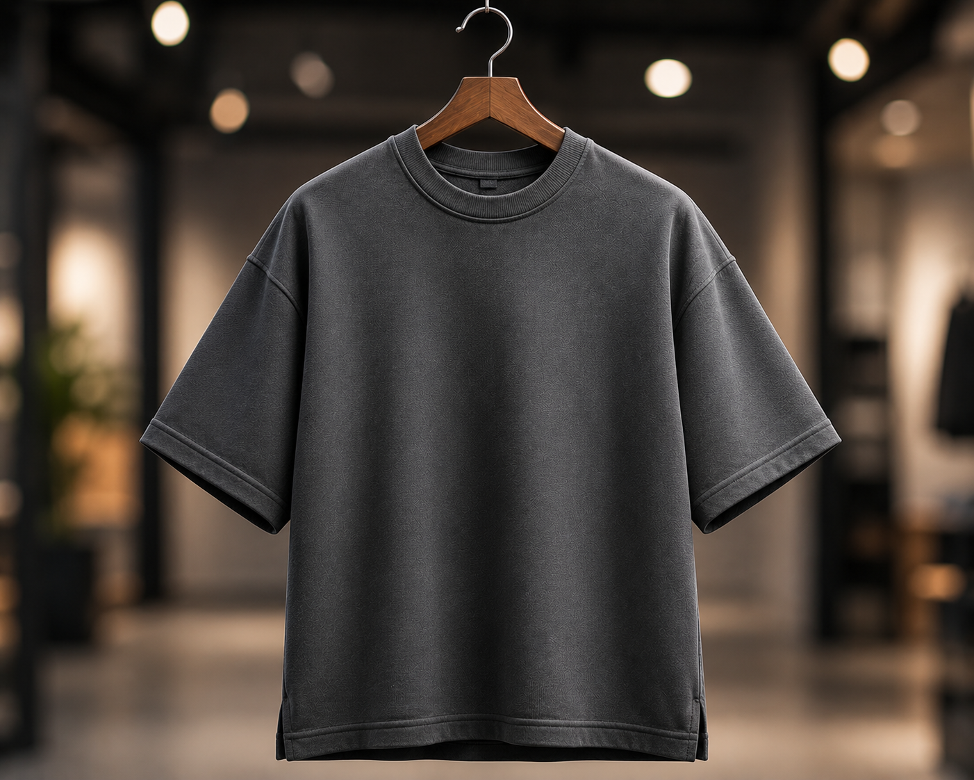 Charcoal grey heavyweight premium oversized t-shirt on a wooden hanger with thick cotton fabric and dropped shoulder design in a studio setting