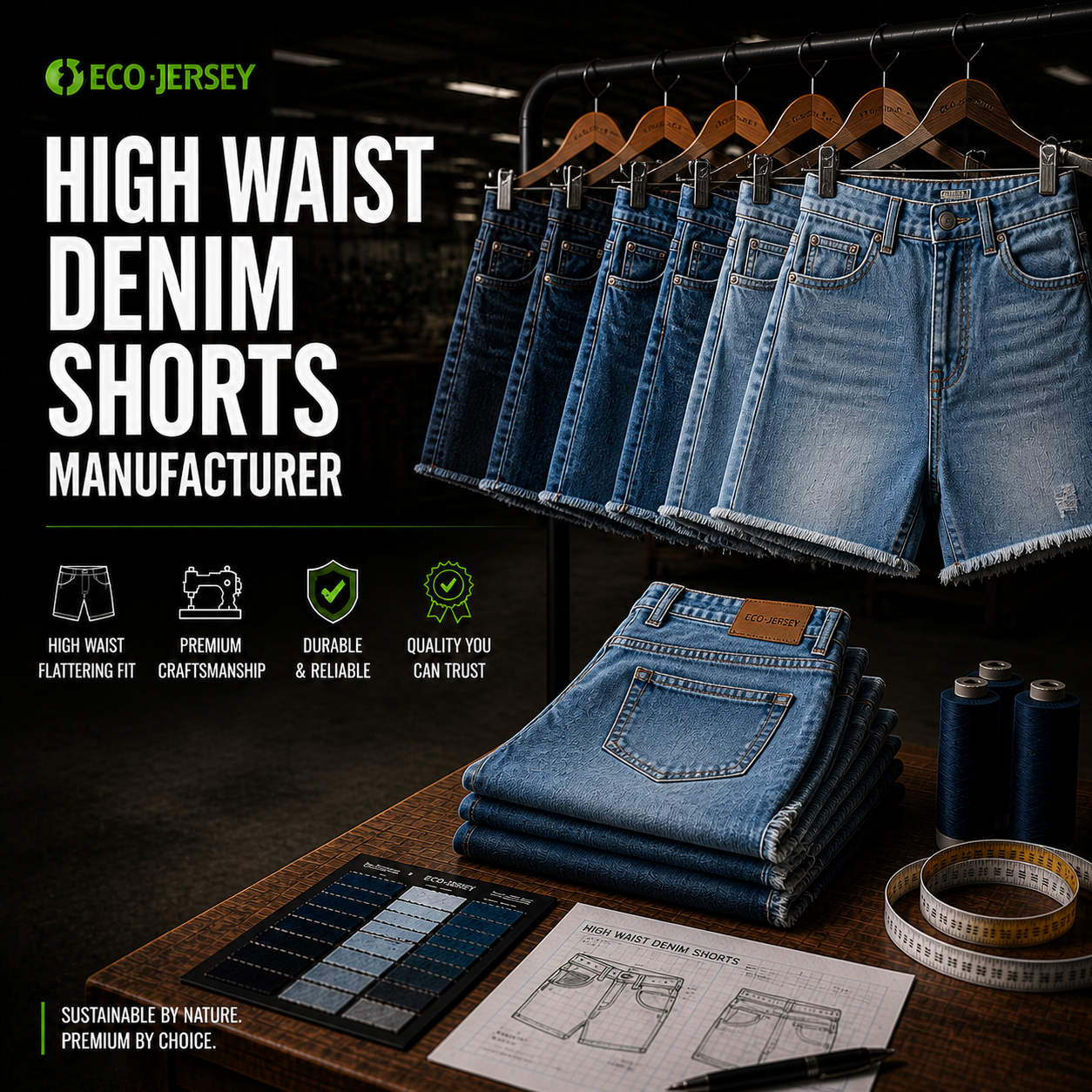 High Waist Denim Shorts Manufacturer – Custom high waist denim shorts wholesale by Eco Jersey