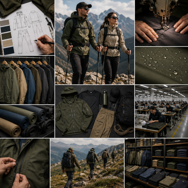 Custom hiking apparel product image for softshell jackets, showing hiking outerwear for wholesale B2B manufacturing by Eco Jersey