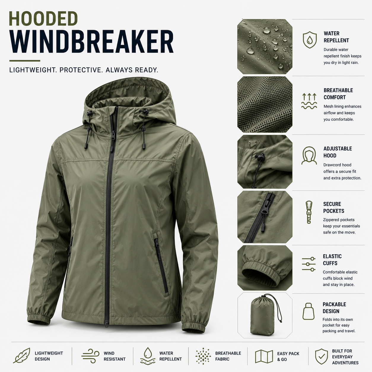 Custom hooded windbreaker jackets with adjustable hood and zip closure for outdoor activities and wind protection