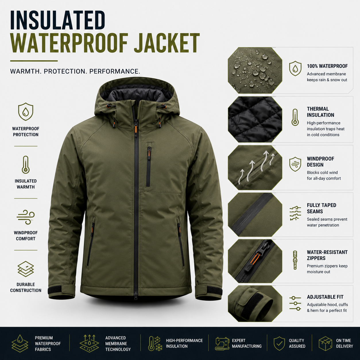 Insulated waterproof jackets with thermal filling and sealed seams for cold weather outdoor activities and winter sports