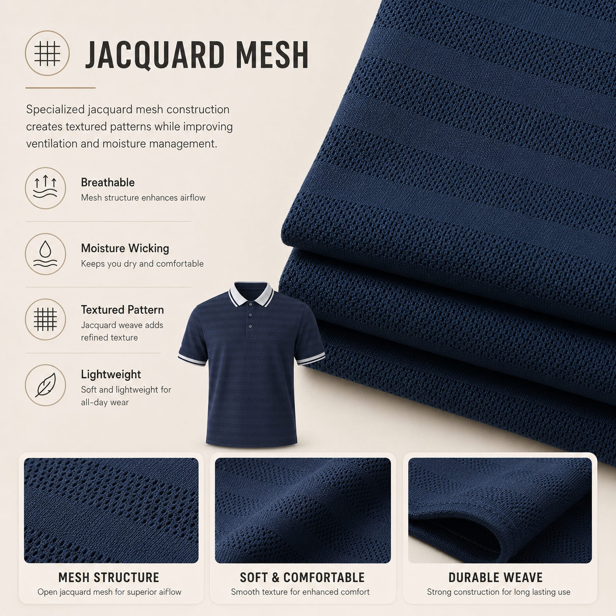 Jacquard mesh fabric infographic for polo shirts highlighting breathable airflow, moisture wicking, textured pattern, and lightweight properties with close-up fabric shots showing mesh structure, soft texture, and durable weave