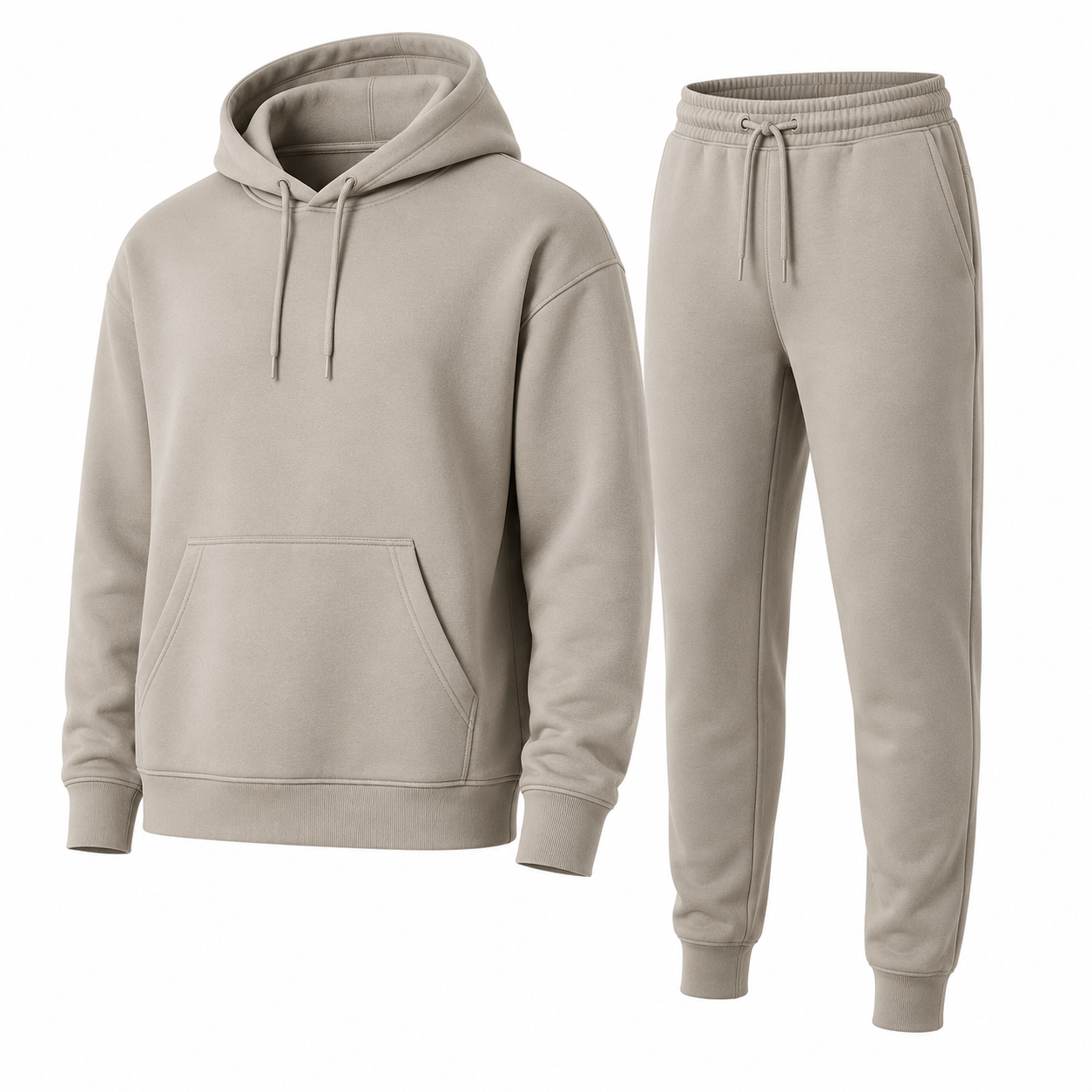 Beige custom jogger and hoodie set for men, bulk activewear set manufacturer with matching hoodie and jogger pants