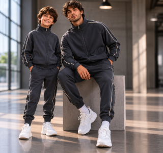 Custom kids and adult tracksuits manufacturer showing a father and son wearing matching dark navy tracksuits with white piping in a modern interior setting