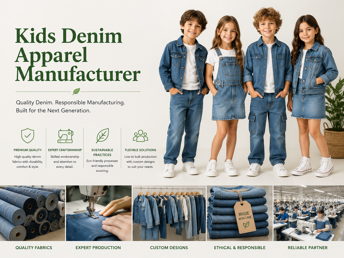 Kids Denim Apparel Manufacturer banner showing four children wearing denim jacket, overalls, cargo jeans, and denim skirt, with feature icons for premium quality, expert craftsmanship, sustainable practices, and flexible solutions