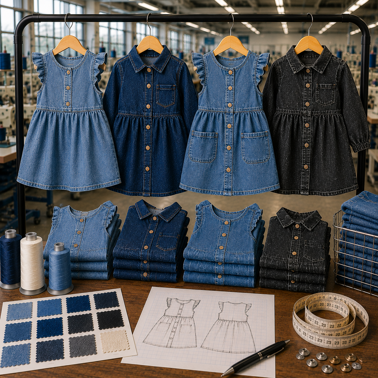 Kids denim dresses in multiple styles including ruffled flutter sleeve, button-front, and long sleeve, in light blue, mid blue, and black washes, hanging on a factory rack with folded stacks and fabric swatches