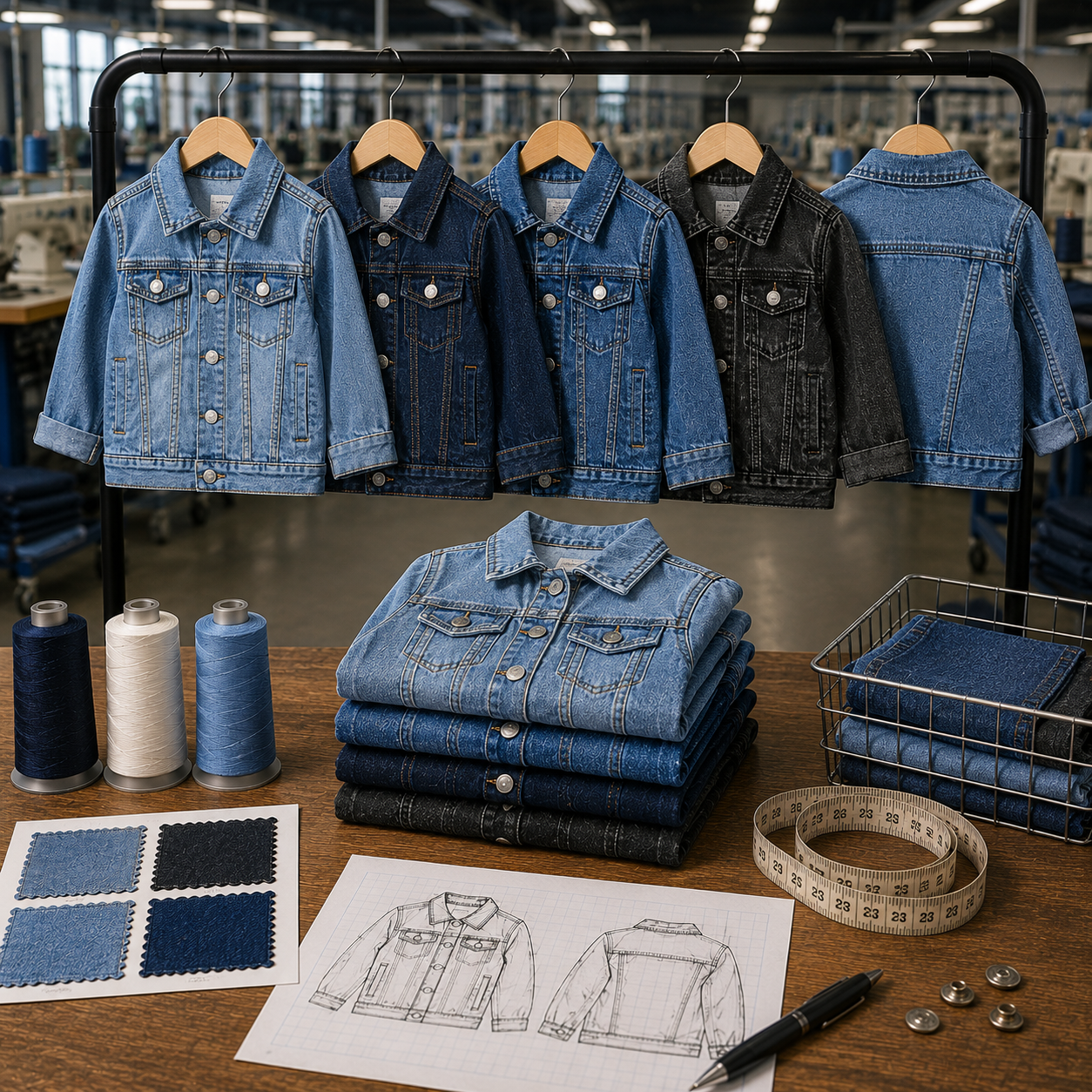 Kids denim jackets in multiple washes hanging on a factory rack with folded stacks, fabric swatches, tech sketches, thread spools, and tape measure showing bulk manufacturing capabilities