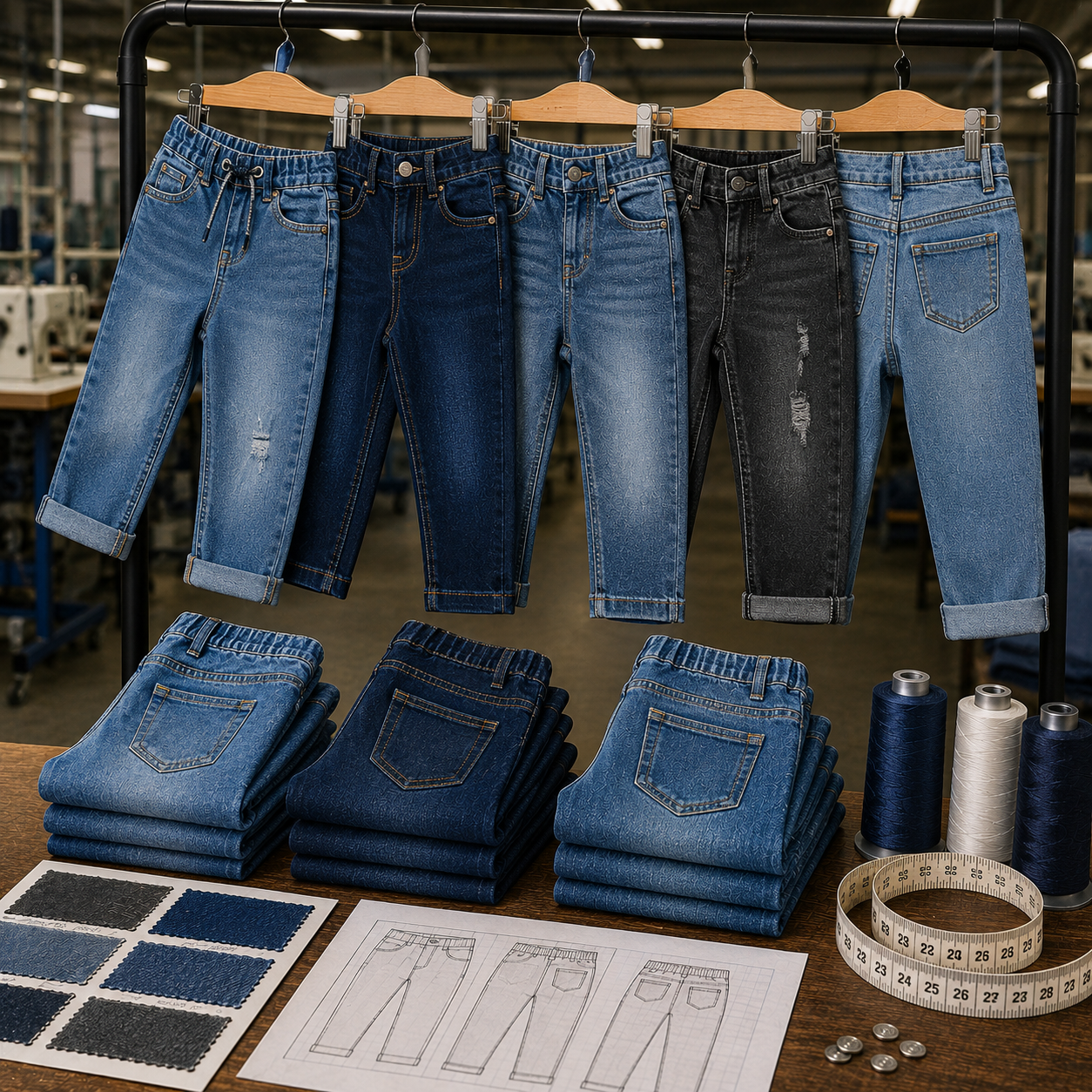 Kids denim jeans in multiple washes hanging on a factory rack with folded stacks, fabric swatches, tech sketches, thread spools, and tape measure showing bulk manufacturing capabilities
