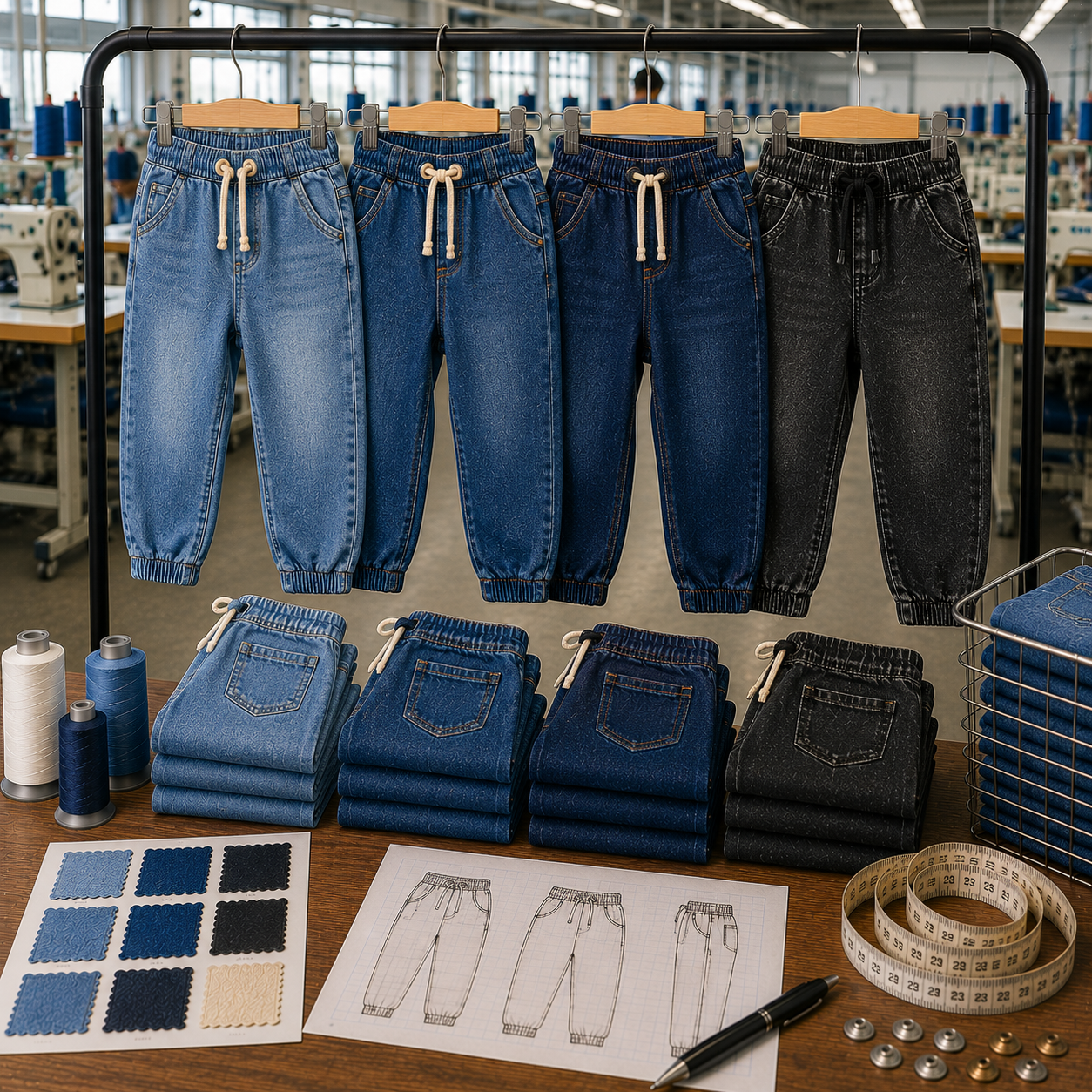 Kids denim joggers with drawstring elastic waist in light blue, mid blue, and black washes hanging on a factory rack with folded stacks, fabric swatches, and tech sketches