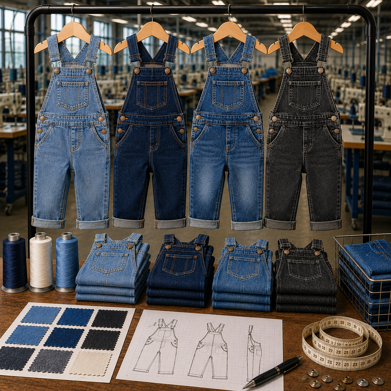 Kids denim overalls in light, mid, dark blue, and black washes hanging on a factory rack with folded stacks, fabric swatches, tech sketches, and thread spools