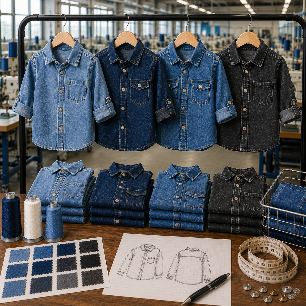 Kids denim shirts in light blue, mid blue, and black washes hanging on a factory rack with folded stacks, fabric swatches, tech sketches, and thread spools
