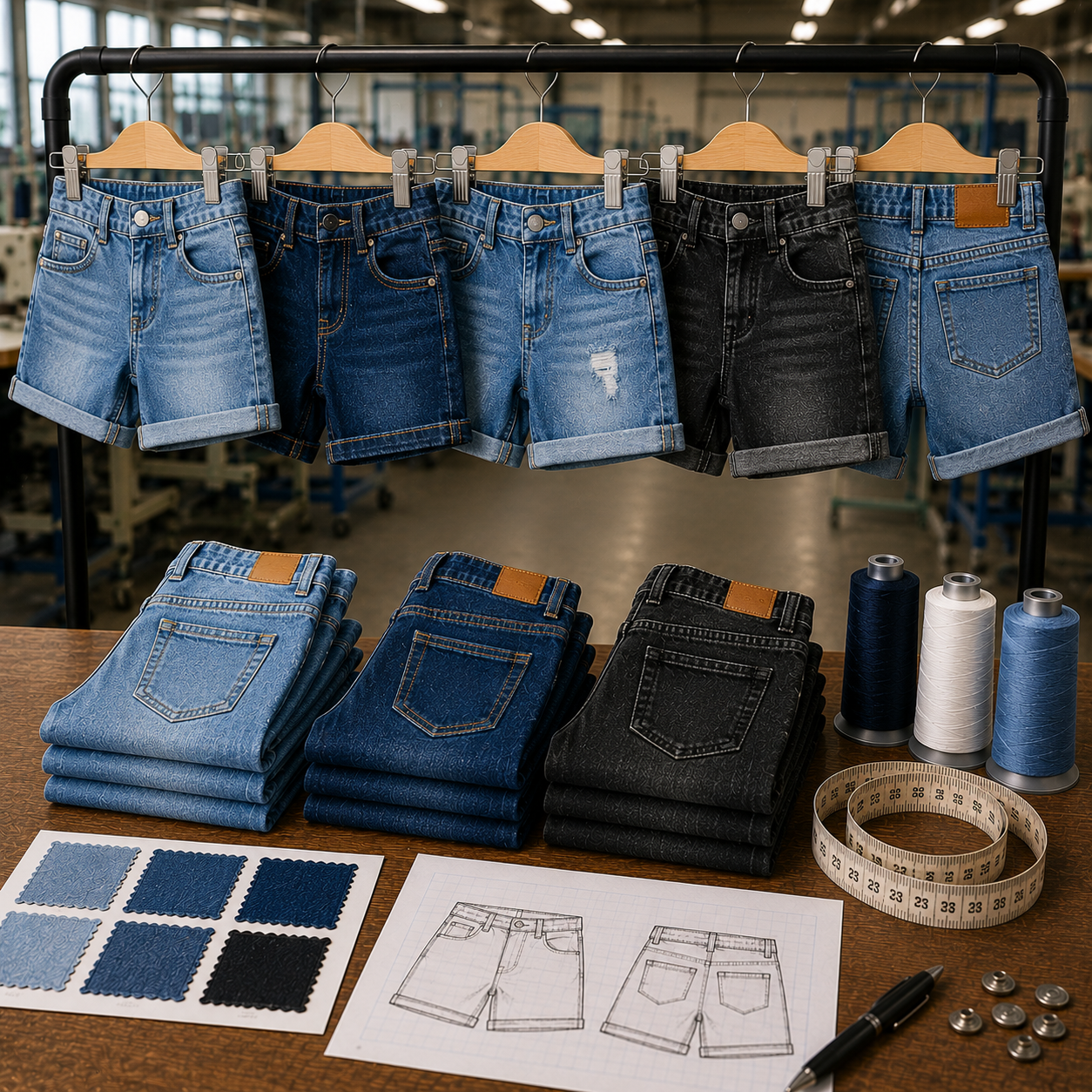 Kids denim shorts in multiple washes hanging on a factory rack with folded stacks, fabric swatches, tech sketches, thread spools, and tape measure showing bulk manufacturing capabilities