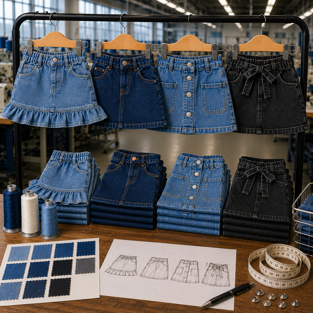 Kids denim skirts in multiple styles including ruffled, button-front, and bow-tie, in light blue and black washes, hanging on a factory rack with folded stacks, fabric swatches, and tech sketches