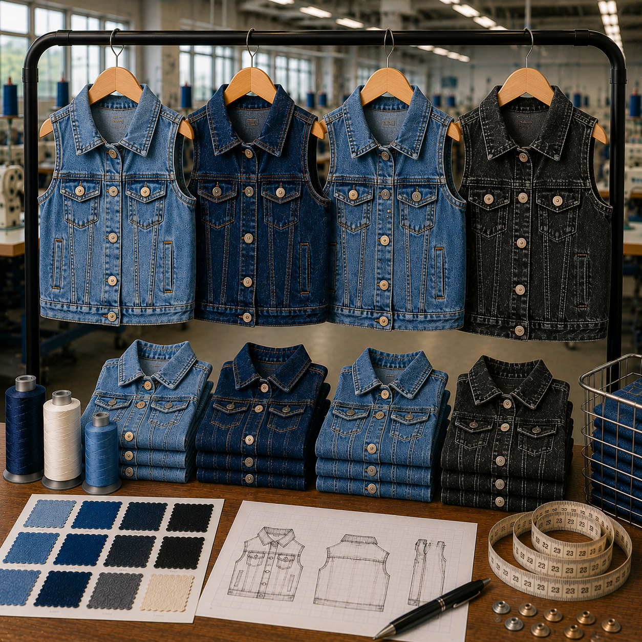 Kids denim vests in light blue, mid blue, and black washes hanging on a factory rack with folded stacks, fabric swatches, tech sketches, and thread spools