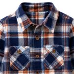 Close-up view of kids custom plaid flannel shirt showing brushed cotton texture, plaid pattern weave and quality fabric detail