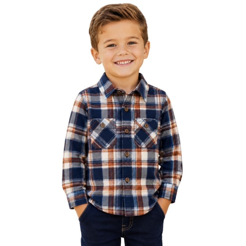 Child wearing a custom brushed cotton plaid flannel shirt, cozy kids flannel shirt in durable versatile fabric for children's clothing manufacturer