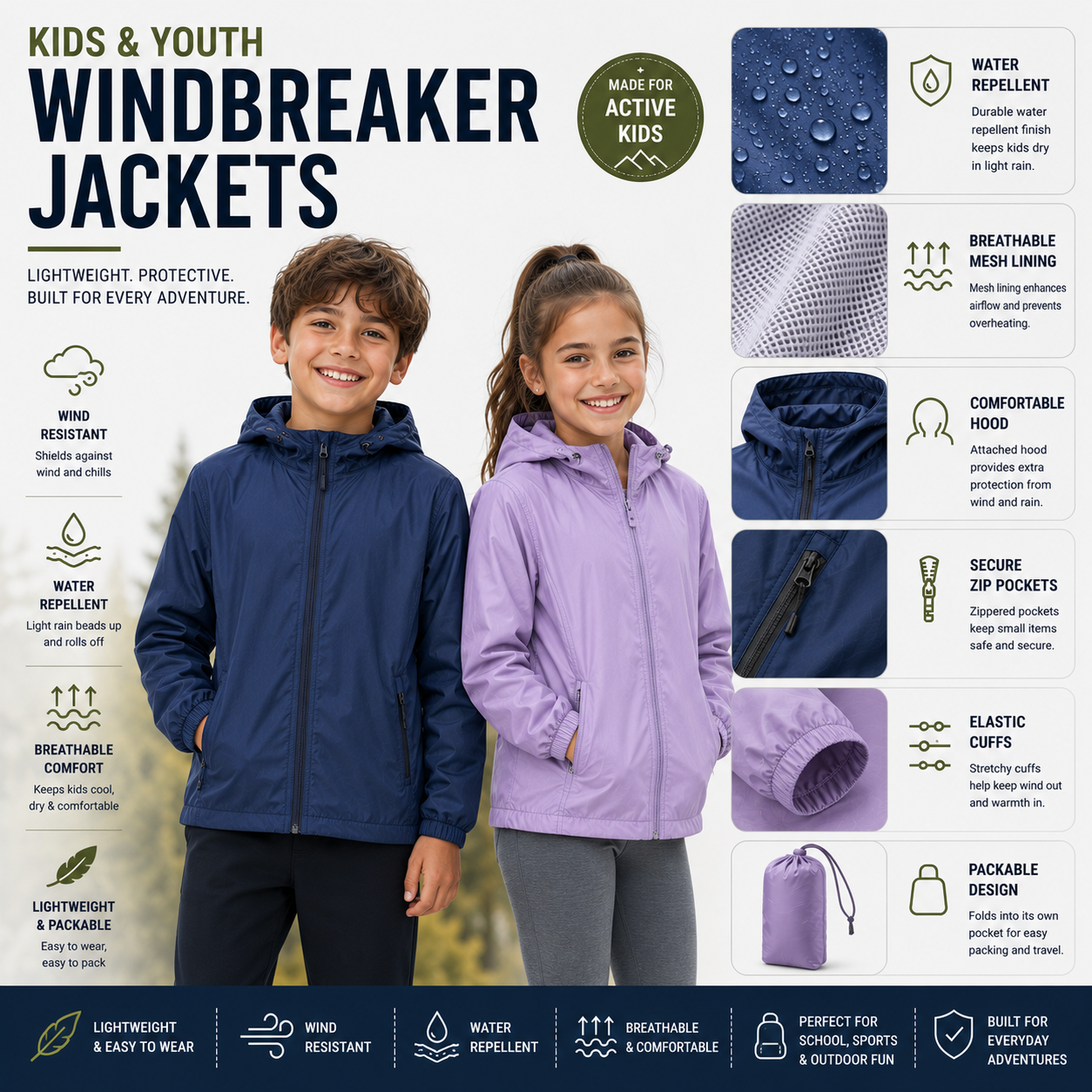 Kids and youth windbreaker jackets for children's outdoor sports and school activities, custom wholesale manufacturing