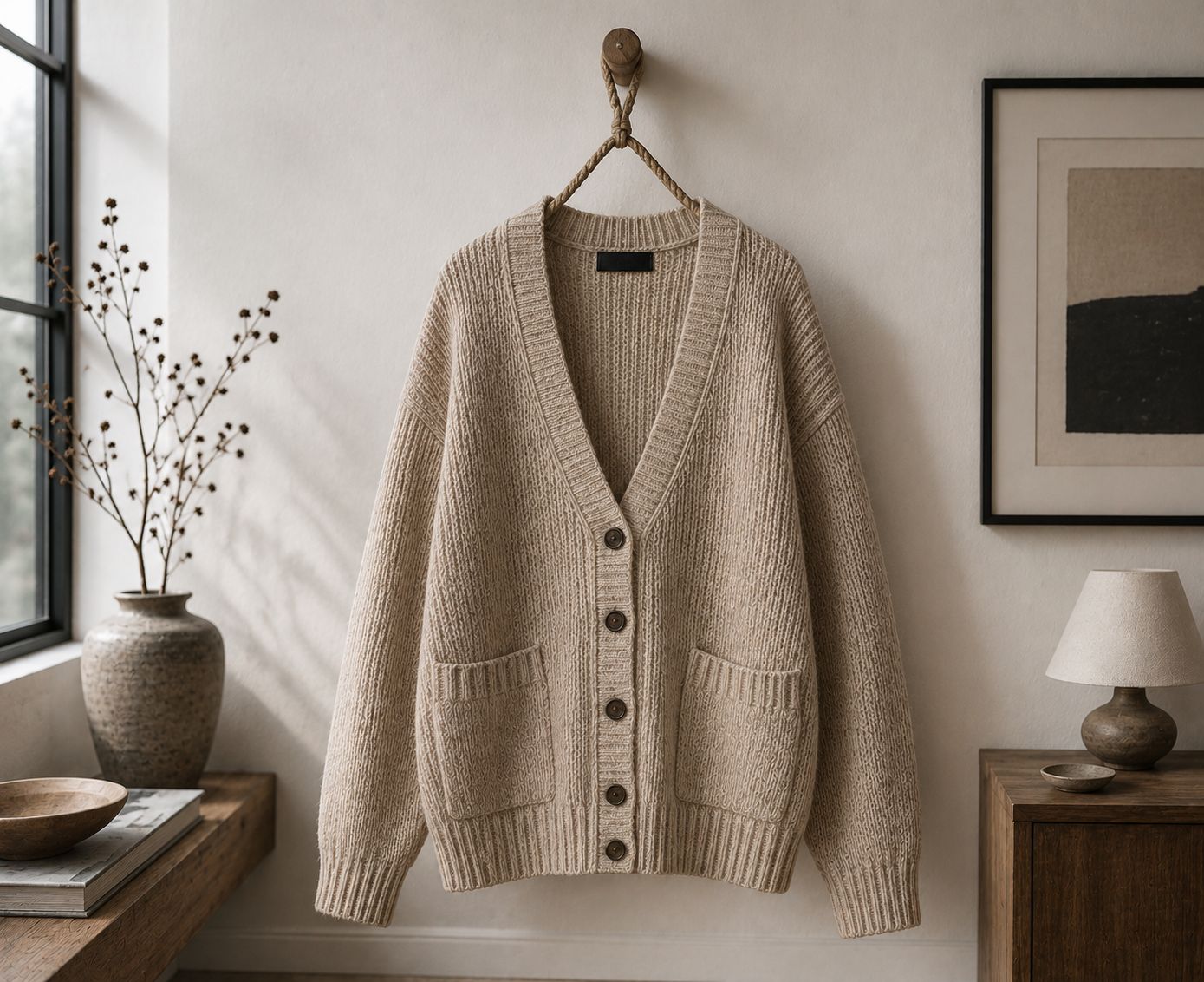 Custom knit cardigan manufacturer showing a beige ribbed button-front cardigan with patch pockets hanging in a cozy minimalist interior setting