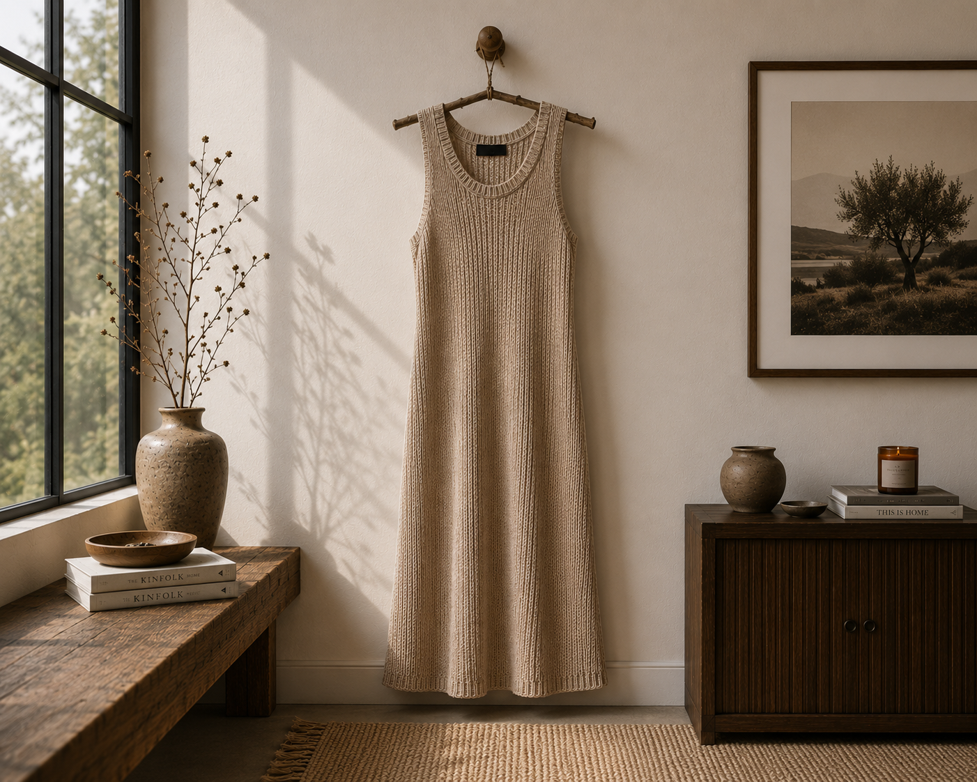 Custom knit dress manufacturer showing a women's ribbed knit midi dress in a minimalist lifestyle setting for knitwear fashion brands