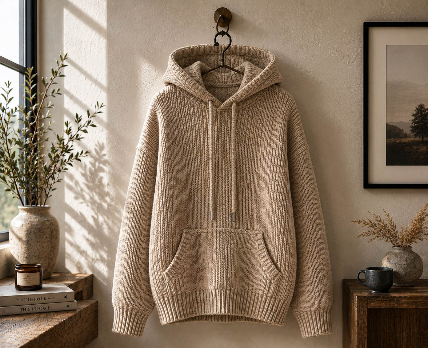 Custom knit hoodie manufacturer showing a beige ribbed knit pullover hoodie with drawstrings and kangaroo pocket hanging in a warm minimalist interior setting