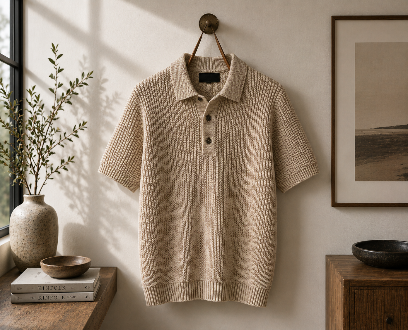 Custom knit polo shirt manufacturer showing a beige ribbed short-sleeve knit polo with button collar placket hanging in a warm minimalist interior