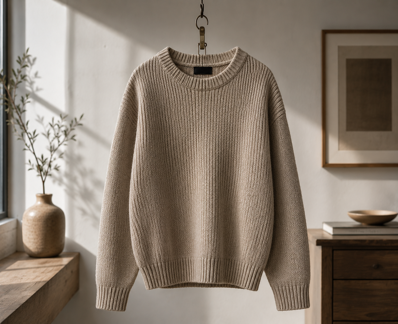 Custom knit sweater manufacturer showing a beige ribbed crew-neck pullover sweater hanging on a hook in a warm minimalist interior setting