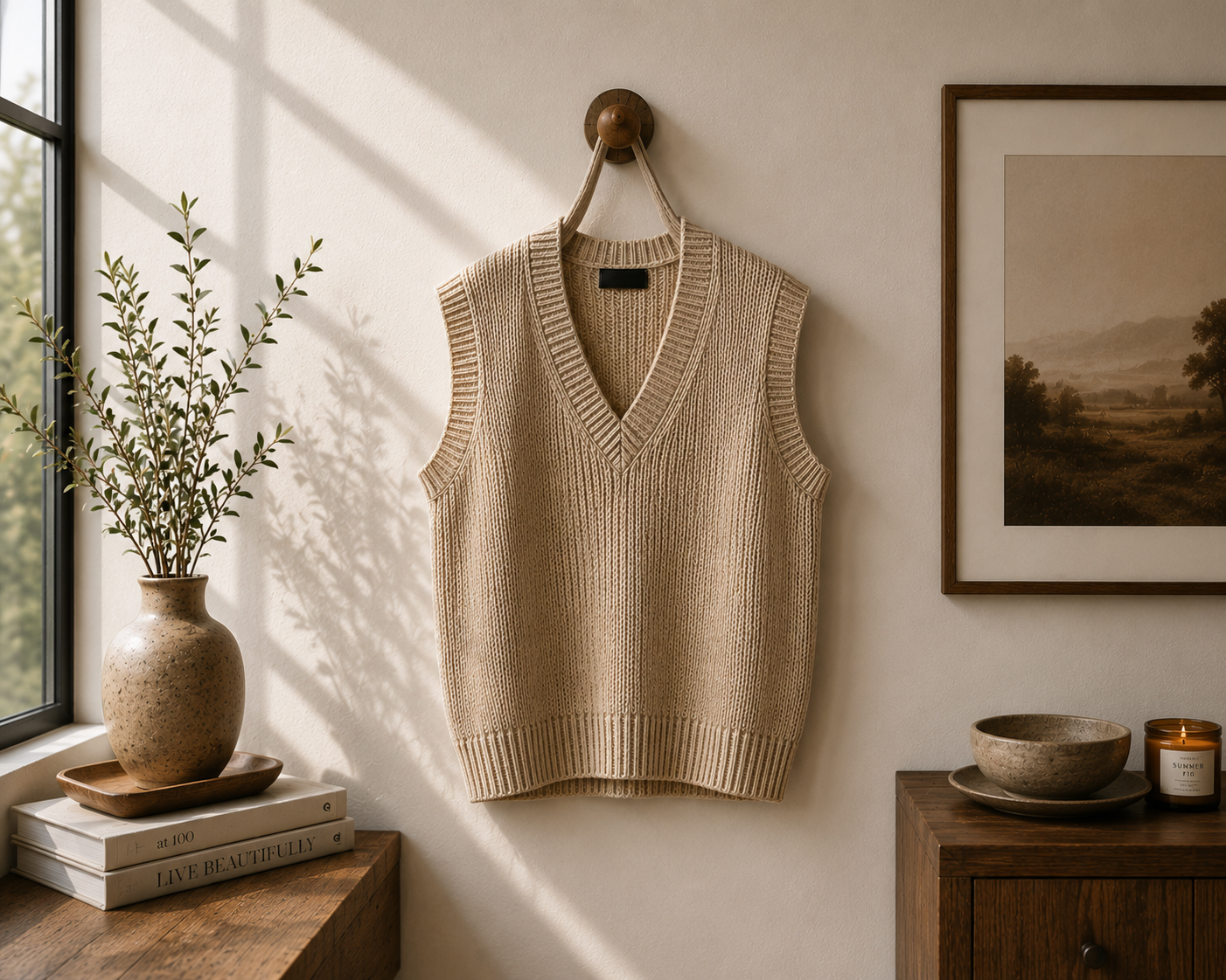 Custom knit vest manufacturer showing a beige ribbed v-neck sleeveless sweater vest hung in a minimalist interior setting