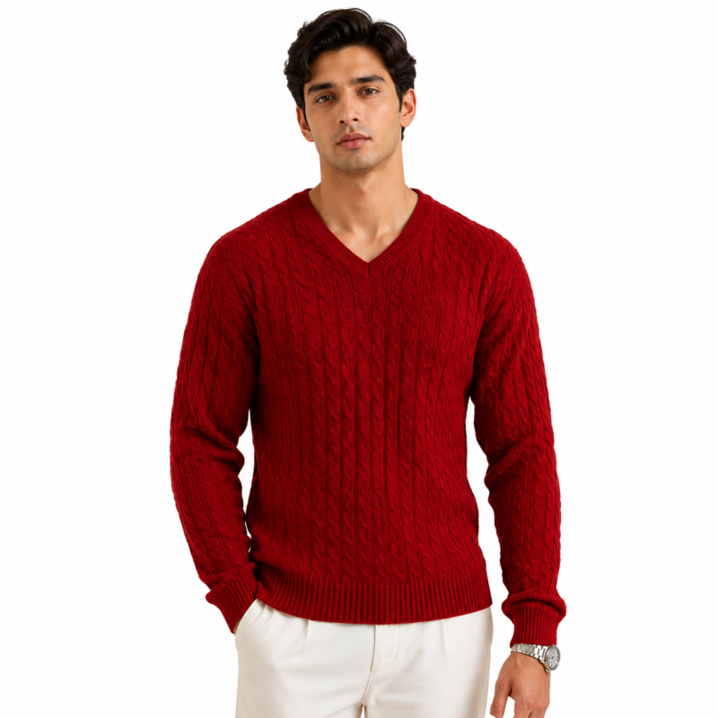 Male model wearing a custom knitted sweater front view for men's knitwear product page