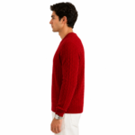 Male model wearing a custom knitted sweater side view for men's knitwear product page