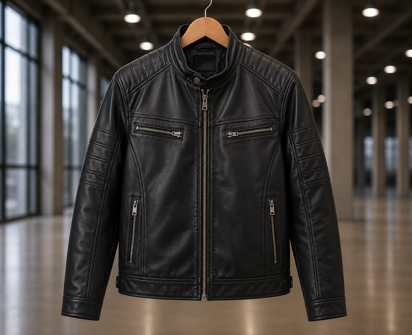 Custom leather fashion jacket manufacturer showing a men's black genuine leather moto jacket with quilted shoulders, zip pockets, and belted hem on a wooden hanger