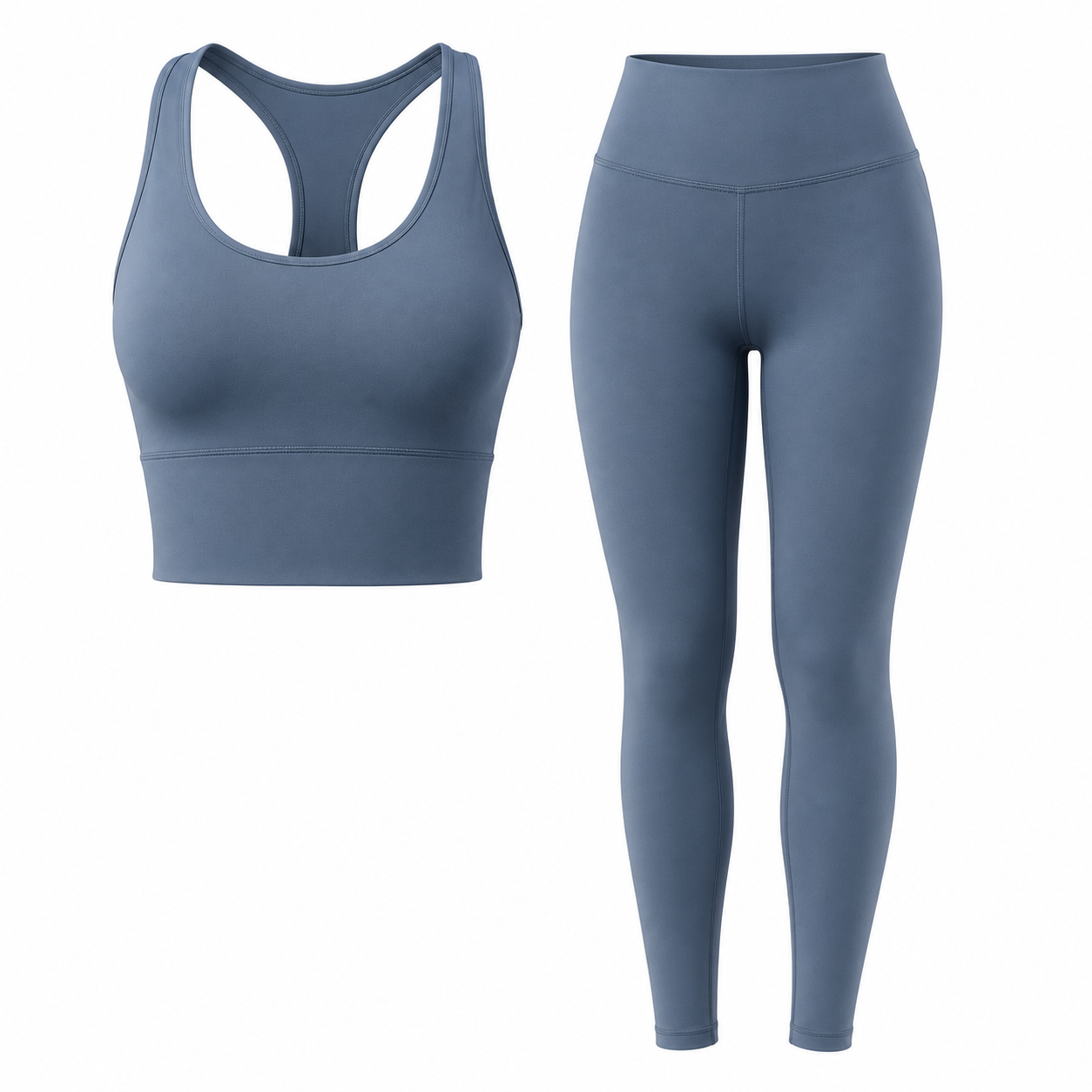 Blue women's longline sports bra and matching leggings set, custom activewear leggings and sports bra set manufacturer