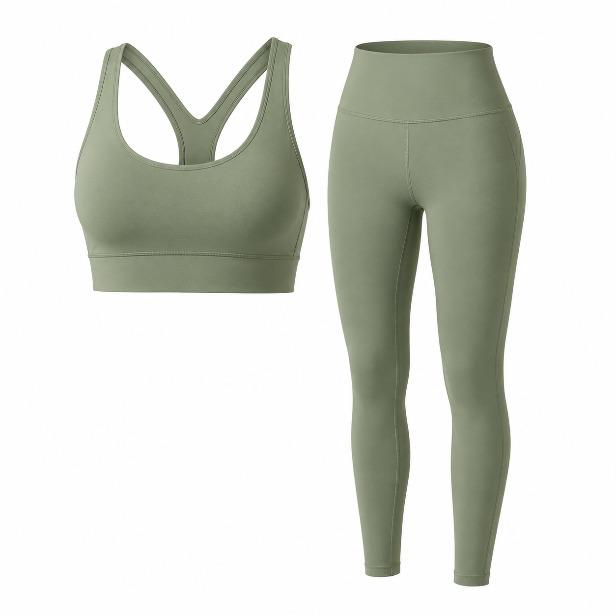 Sage green women's leggings and sports bra set, custom activewear set manufacturer for bulk orders