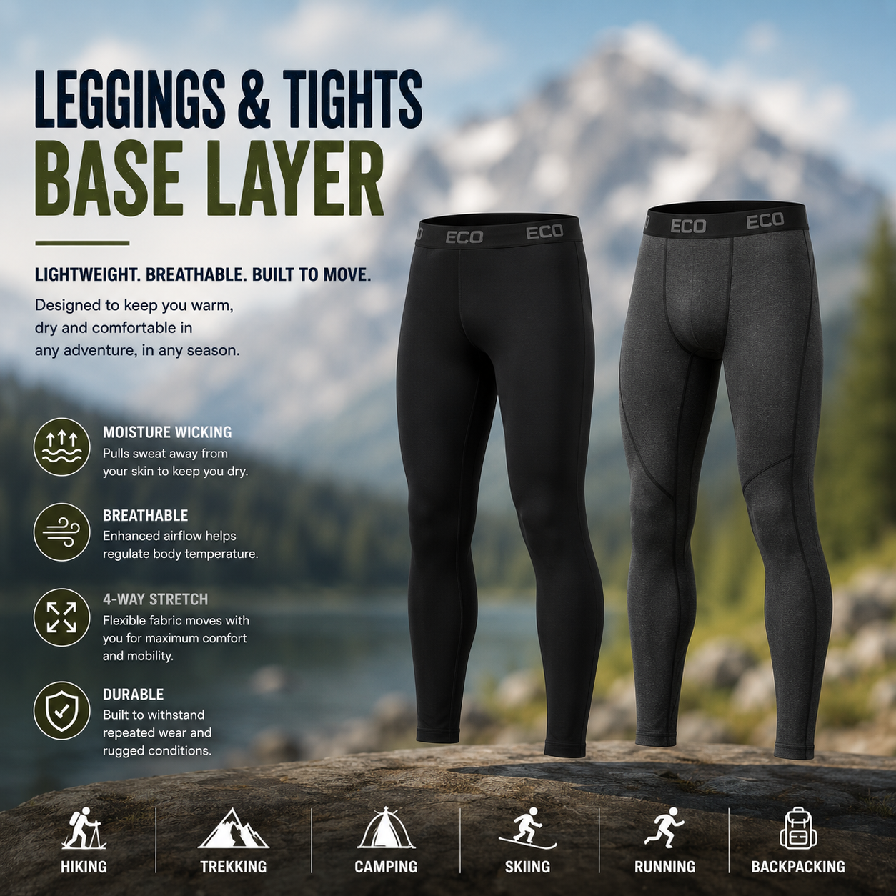 Leggings and tights base layer for thermal insulation and compression support during outdoor activities