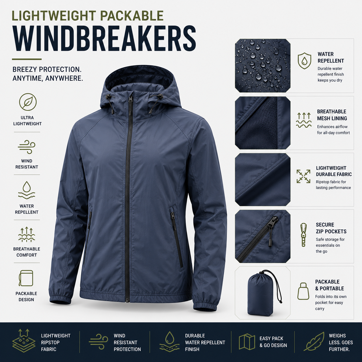 Lightweight packable windbreaker jackets for outdoor activities, folds into its own pocket for easy travel and storage