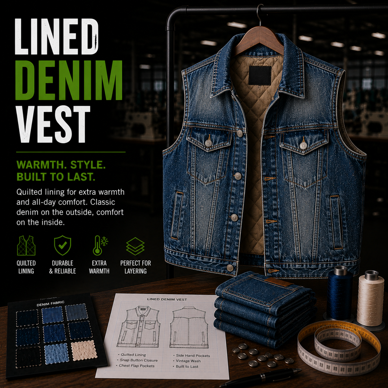 Lined denim vest infographic showing product on hanger with quilted lining visible, fabric swatches, tech sketch, and features including extra warmth, durable construction, and layering fit