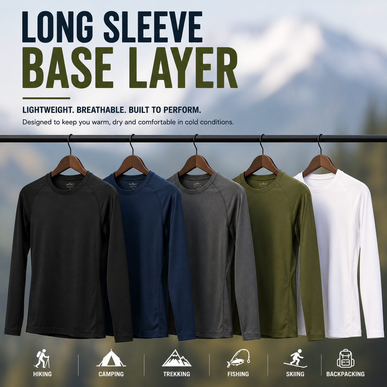 Long sleeve base layer tops for thermal insulation and moisture management in cold weather outdoor activities