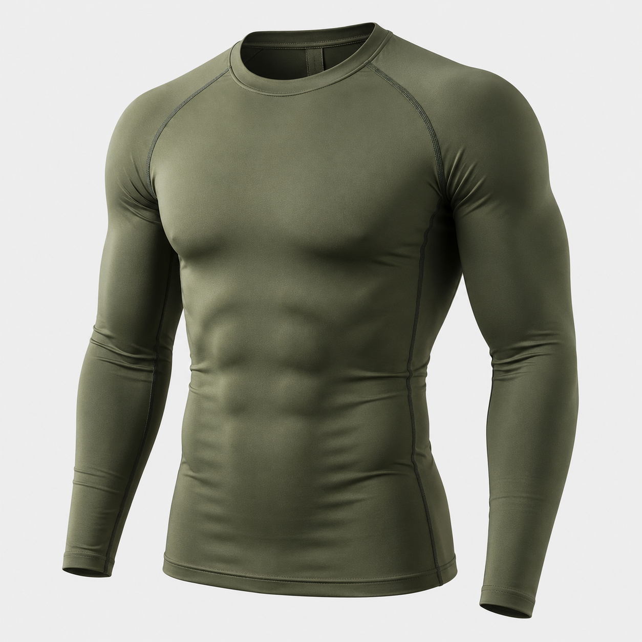 Long sleeve compression shirt in olive green with raglan seams and body-hugging athletic fit for men