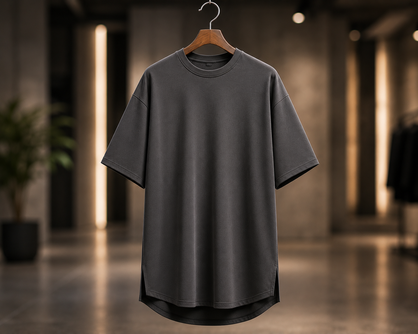 Dark grey longline oversized t-shirt on a wooden hanger with extended curved hem and dropped shoulder design in a moody studio setting