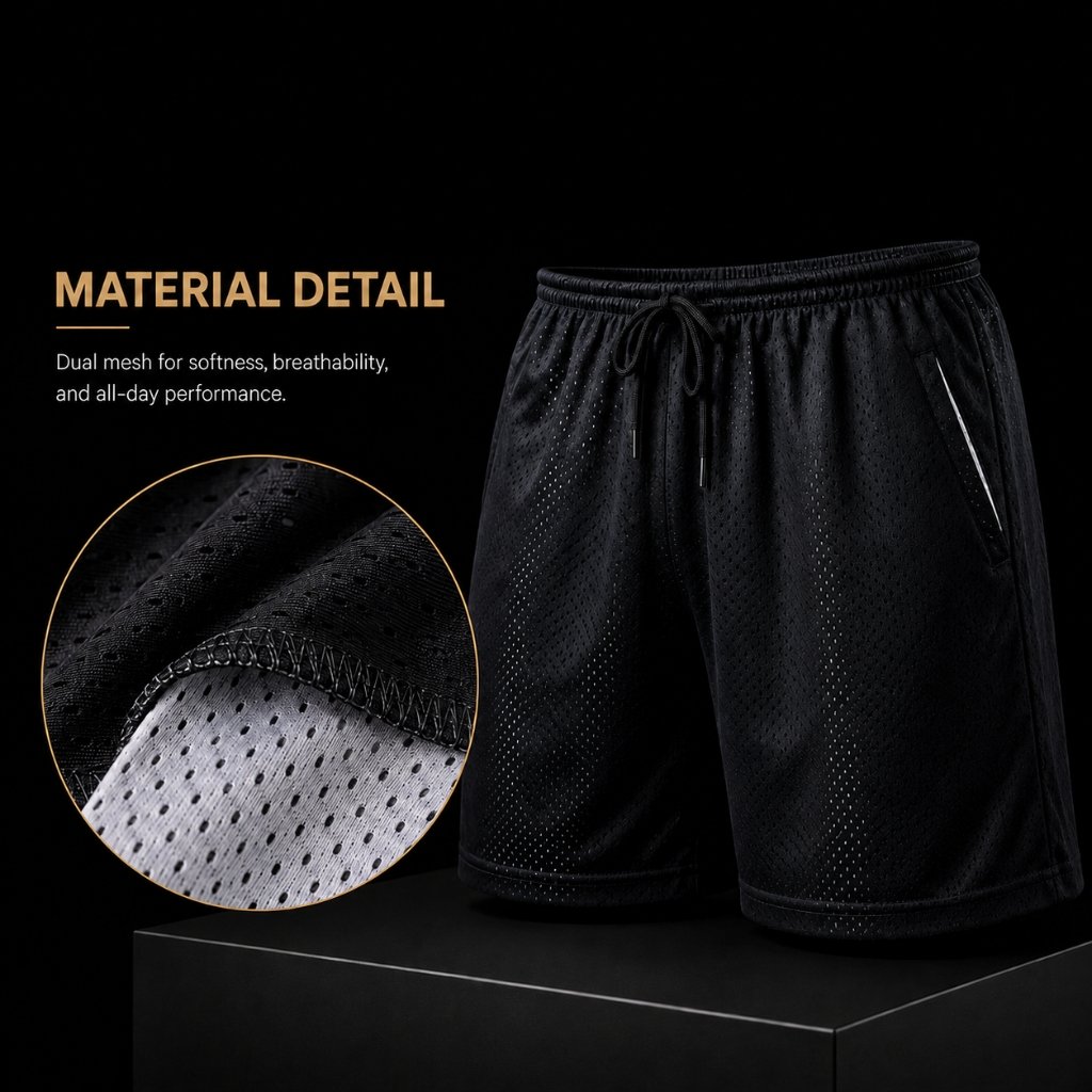 Fabric material detail for Dual Mesh Basketball Shorts