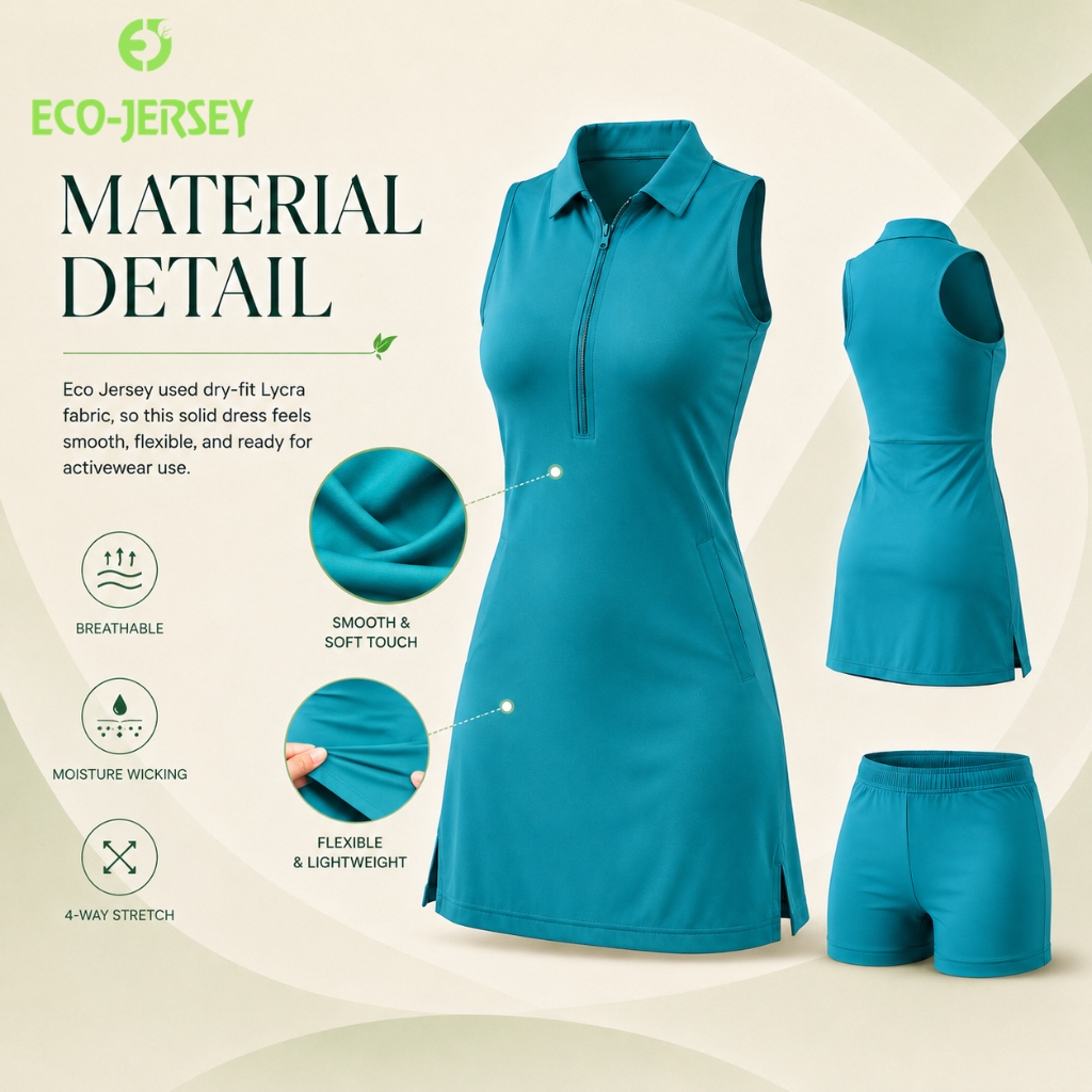 Eco Jersey material detail infographic banner showing a custom teal solid dress and matching shorts set made from dry-fit Lycra fabric, highlighting breathable, moisture wicking, 4-way stretch, smooth and soft touch, and flexible and lightweight properties