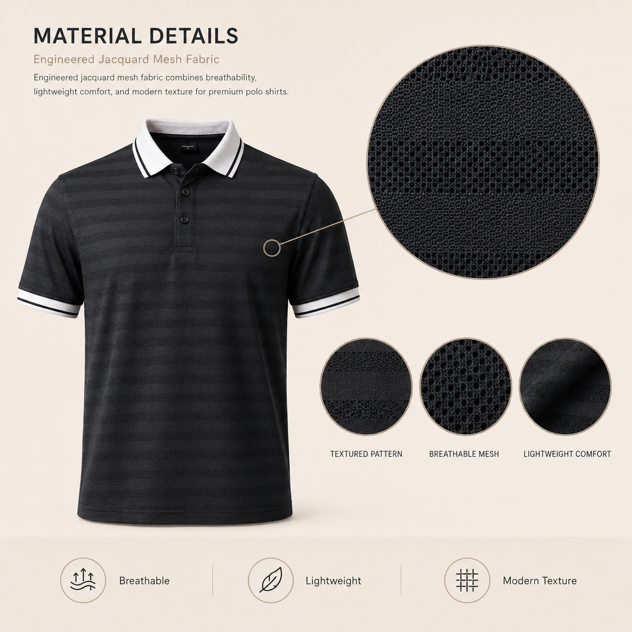 Material details infographic for engineered jacquard mesh polo shirt showing close-up of textured pattern, breathable mesh structure, and lightweight comfort fabric with breathable, lightweight, and modern texture properties