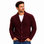 Men's dark red cable knit cardigan with button-front closure, two front pockets - custom knitwear manufactured by Eco Jersey