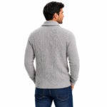Men's grey cable knit cardigan - model back view showing cable knit texture and shawl collar - custom knitwear by Eco Jersey