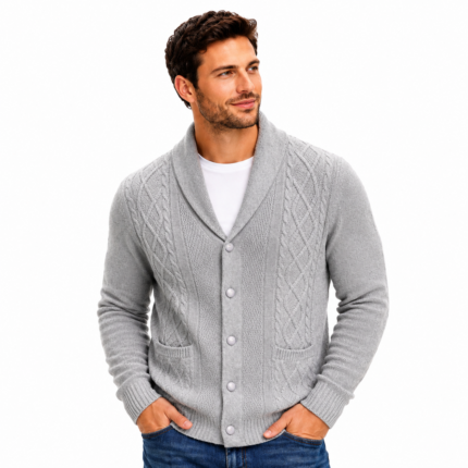 Mens knitted cardigan- model front view