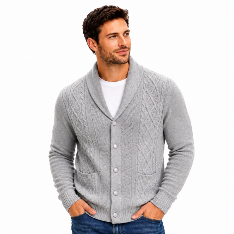 Mens knitted cardigan- model front view