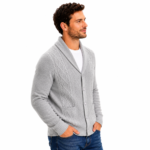 Men's grey cable knit cardigan - model side view showing shawl collar and cable knit texture - custom knitwear by Eco Jersey