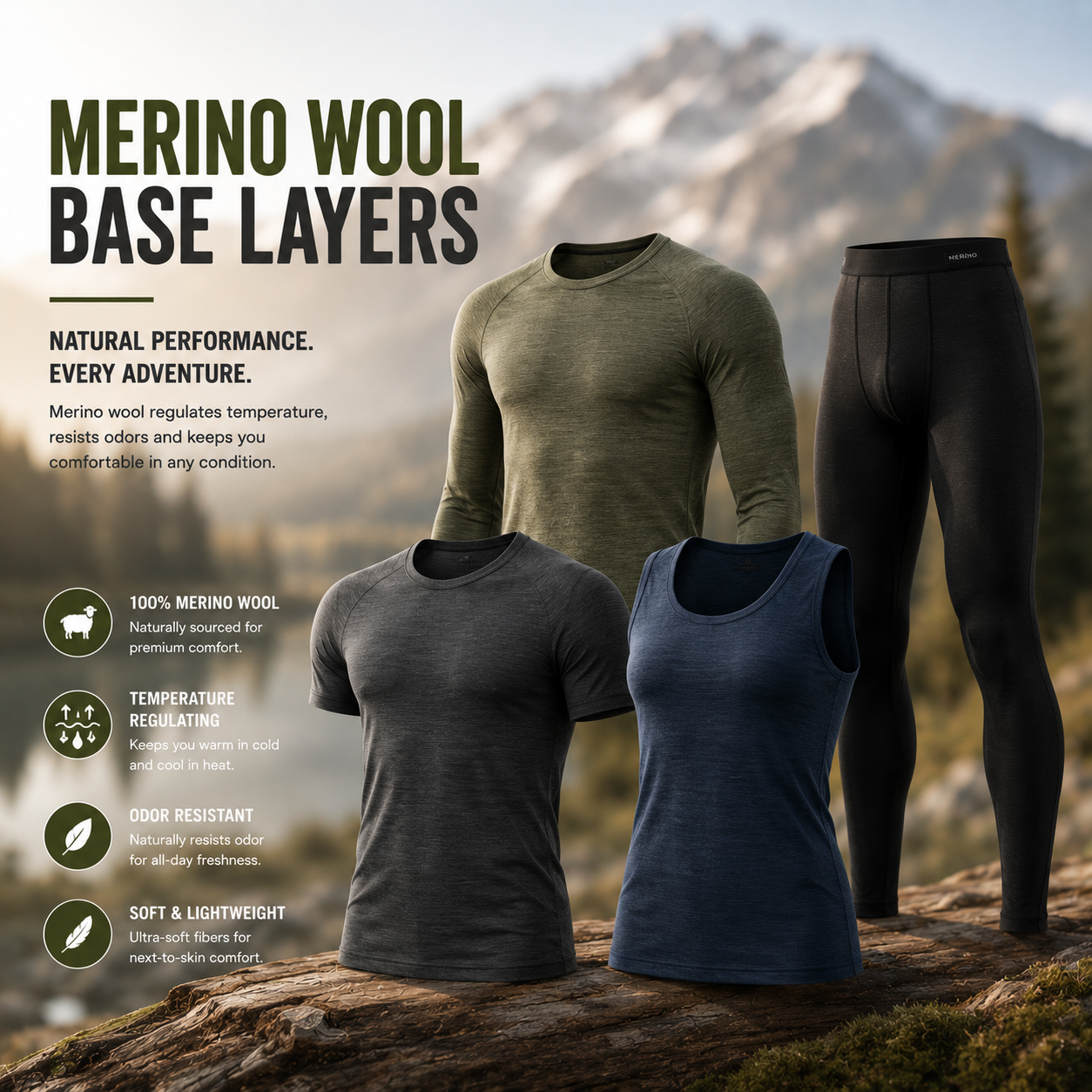 Merino wool base layers for natural temperature regulation and odor resistance in outdoor and winter sports