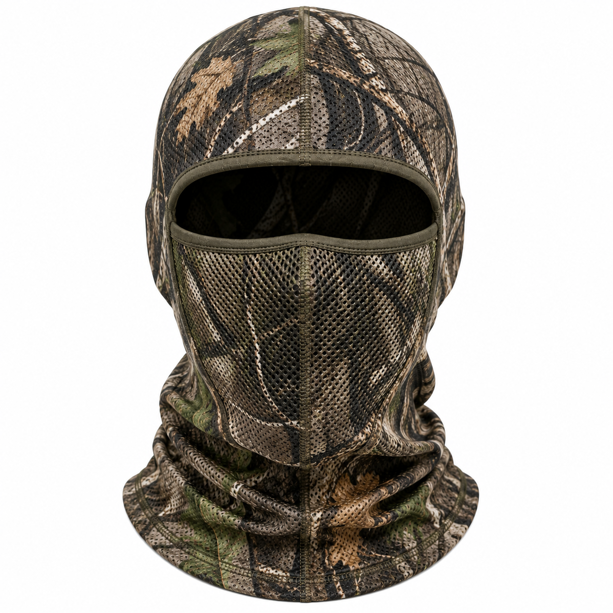 Custom mesh camouflage balaclava by Eco Jersey in woodland camo pattern, featuring lightweight breathable mesh construction for full face, head, and neck coverage with an eye opening, designed for warm weather concealment and outdoor use