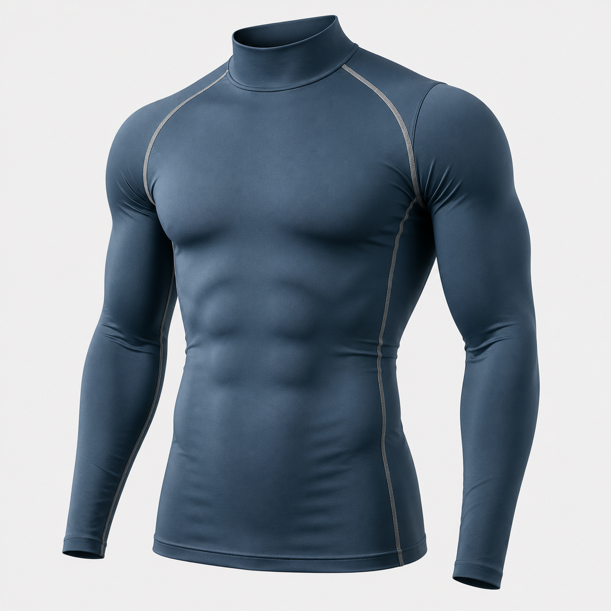 Mock neck long sleeve compression shirt in steel blue with contrast stitching and slim athletic fit for men