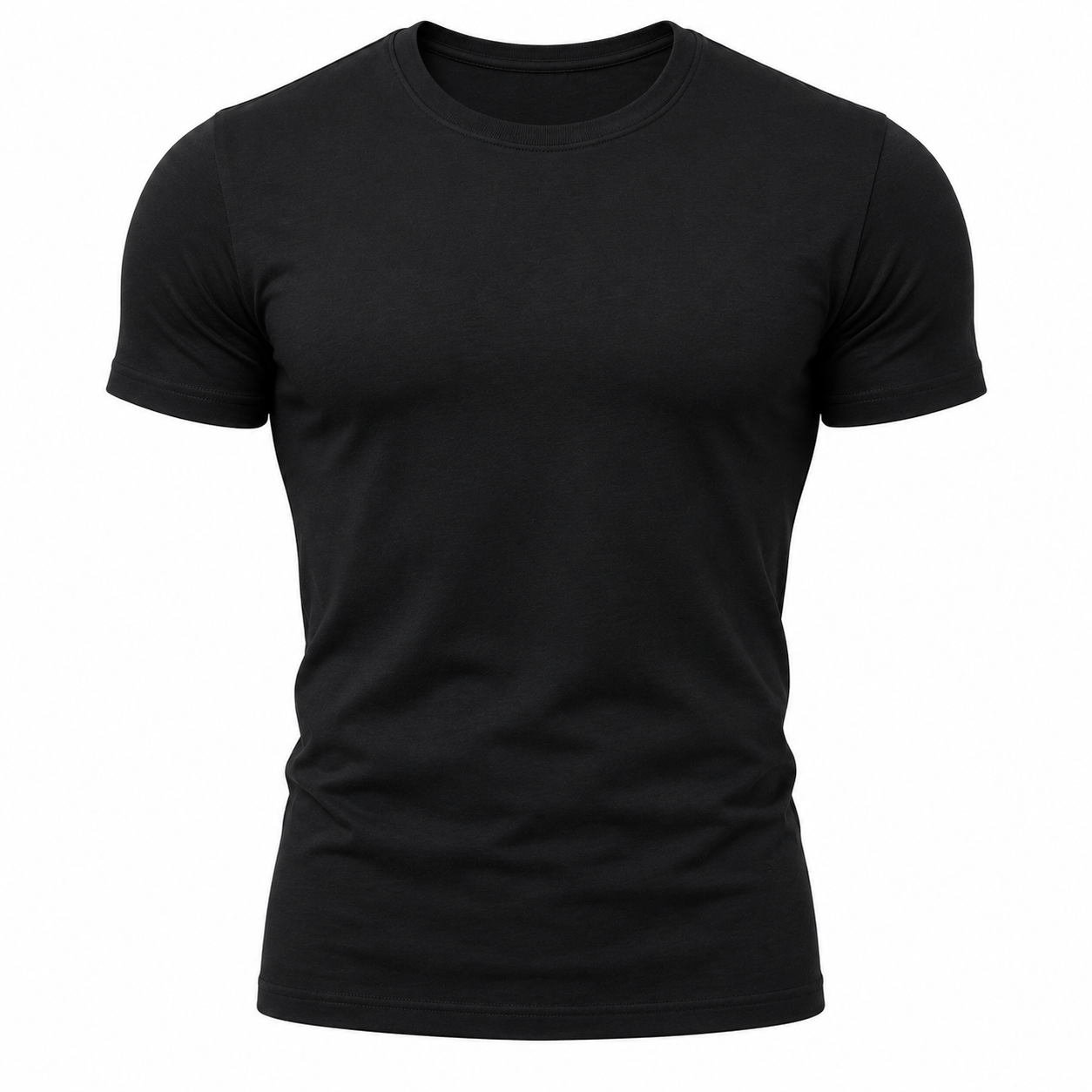 Custom muscle fit gym t-shirt manufacturer showing a men's black short sleeve muscle fit t-shirt with a slim tapered cut on a white background for gym brands and sportswear retailers